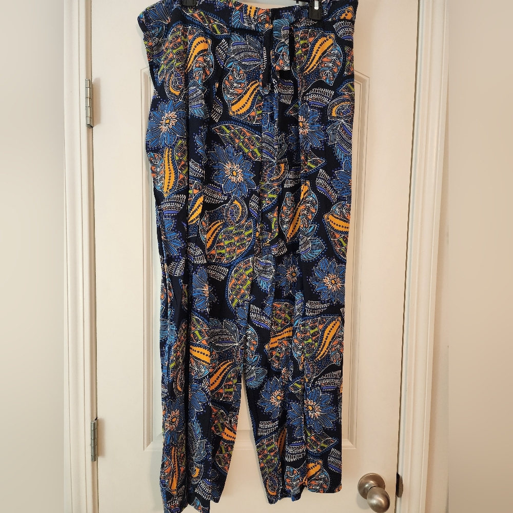 Lili Women’s Navy Floral Print Wide-Leg Pants Elastic Waist Tie Front 2X Boho
